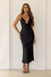 Invitation Only Satin Midi Dress Black