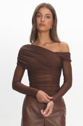Christos Long Sleeve Asymmetric Top Chocolate