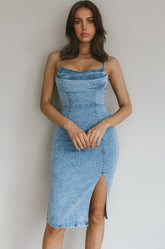 Marjorie Pleated Neckline Midi Dress Blue