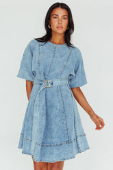 Cadijah Puff Sleeve Belted Mini Dress Denim Blue
