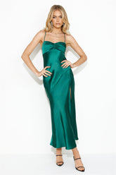 Glasses Up Satin Slip Midi Dress Teal