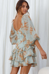 Flower Child Three Quarter Sleeve Bust Tie Ruffle Dress Lily Print Pistachio